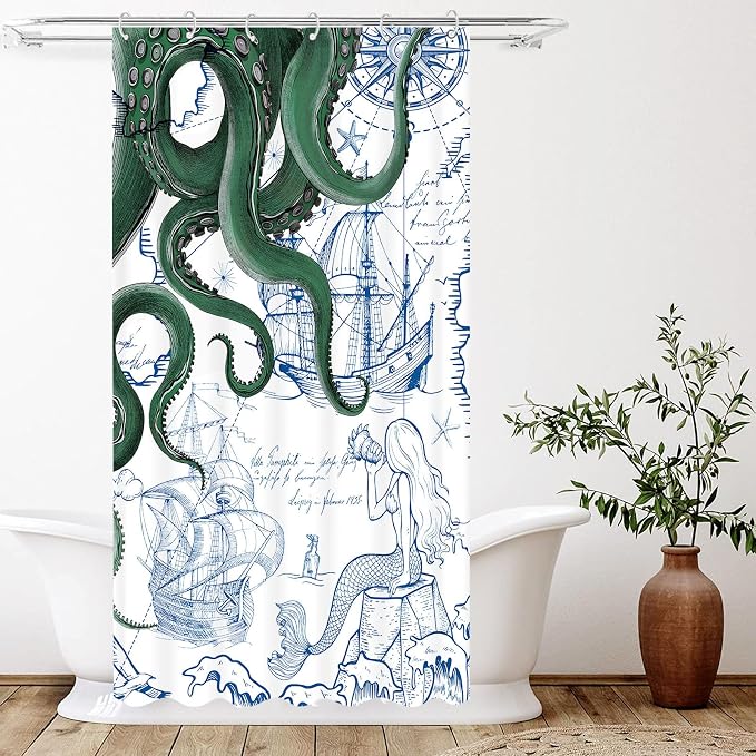 Fungarth Stall Green Nautical Octopus Shower Curtain Navy Blue Mermaid Funny Ocean Kraken Shower Curtains for Bathroom Cool Anchor Coastal Map Waterproof Fabric Bath Curtain Decor (Green, 36” x 72”)