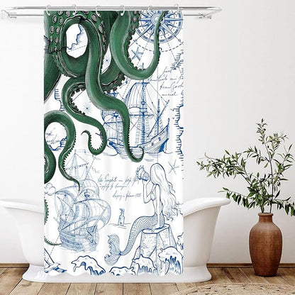 Fungarth Stall Green Nautical Octopus Shower Curtain Navy Blue Mermaid Funny Ocean Kraken Shower Curtains for Bathroom Cool Anchor Coastal Map Waterproof Fabric Bath Curtain Decor (Green, 36” x 72”)