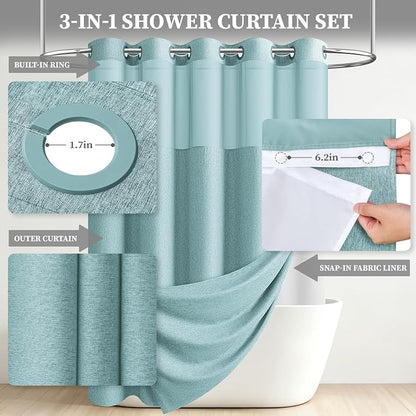 Teal Ringless Linen Textured Shower Curtain with Snap in Liner, 72x75 | 3 in 1 Hotel Shower Curtain Set, Removable Liner, Waterproof & Washable, Mesh Top Window, Durable Fabric, Easy to Install