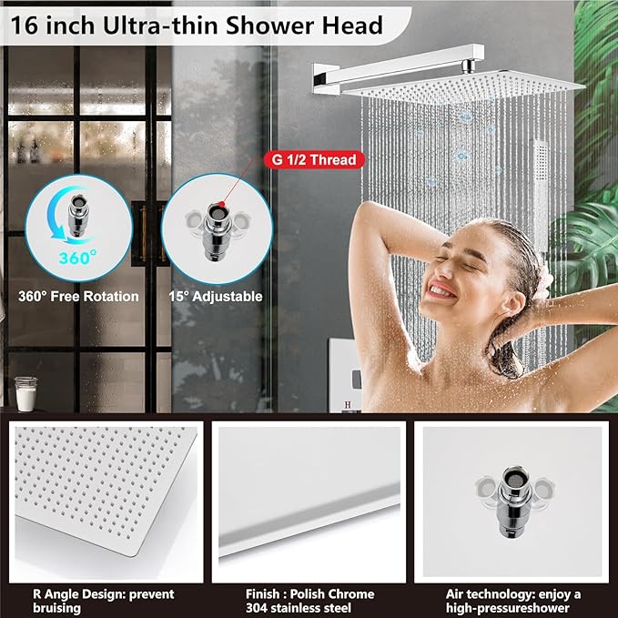 Midanya Shower Faucet Set,Wall Mount Shower System with Square Rain Shower Head and Hand Sprayer, Rough-in Valve Body and Trim Kit Included,16 Inch,Polish Chrome