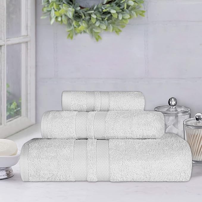 Superior Ultra-Soft 3-Piece Cotton Towel Set, Daily Use for Bathroom, Guest Room, Quick Dry, Set Includes 1 Bath Towel, 1 Hand Towel, and 1 Washcloth, Essential Plush Towels for Home - Silver