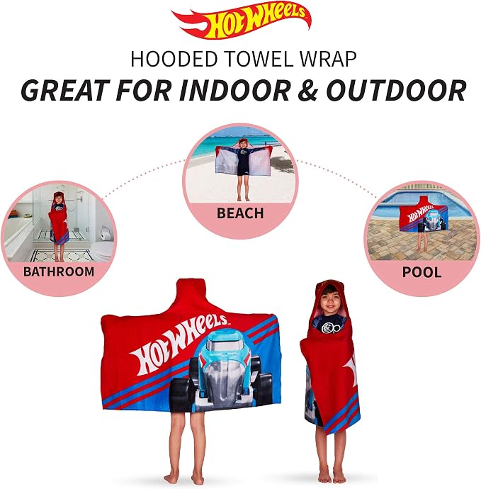 Hot Wheels Soft Cotton Bath/Pool/Beach Terry Hooded Towel Wrap, 24" x 50", By Franco Kids
