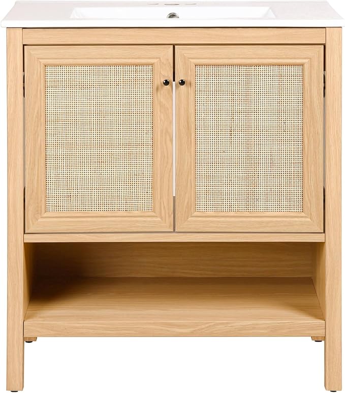 JONATHAN Y VAN1024A Jasper 30 in. W x 18 in. D x 33 in. H Rattan Modern Coastal 2-Shelf Bathroom Vanity Cabinet Only with Soft Closing Doors (Sink Basin Not Included), Oak