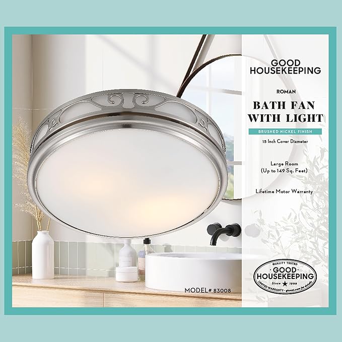 Good Housekeeping 83008 Roman Decorative 110 CFM 3.0 Sones Bathroom Ventilation Exhaust Fan with Light & Night-Light, Brushed Nickel