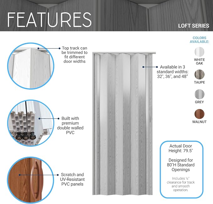 48" x 80" Premium Foldable Accordion Door,Heavy Duty,Walnut | Foldable accordion doors w/ double‑walled heavy‑duty panels, ideal as interior room dividers for privacy, space‑saving design