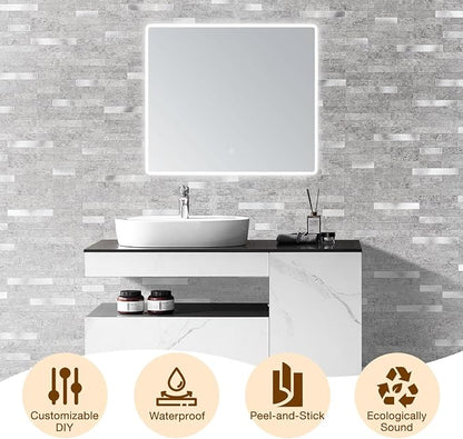 Peel and Stick Backsplash Tile Waterproof Removable PVC Wall Sticker 3D Faux Stone Marble Brick White Accent Panels (Matte Gray Stone - Metal Silver, 20 Tiles - 9 sq. ft. (0.84 M²))