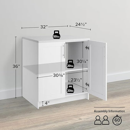 Prepac Elite 32" W Storage Cabinet with Doors and Shelves, White Garage Cabinet, Bathroom Storage with 1 Adjustable Shelf 24.5" D x 32" W x 36" H, WSCR-1005-1