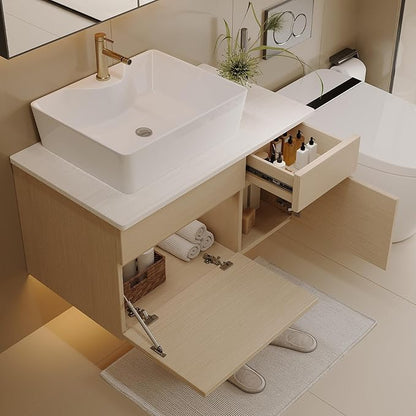 31.5" Floating Bathroom Vanity with Sink and Drawer, Soft Closing, Solid Wood Mid Century Modern Single Bathroom Vanity Cabinet with Storage, Wall Mounted (Natural Wood)