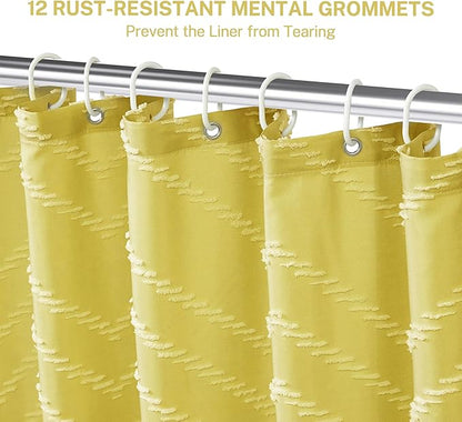 Yellow Boho Shower Curtain with White Tassel - 72 x 72 Modern Farmhouse Textured Tufted Chevron Striped Minimalist Bathroom Shower Curtain
