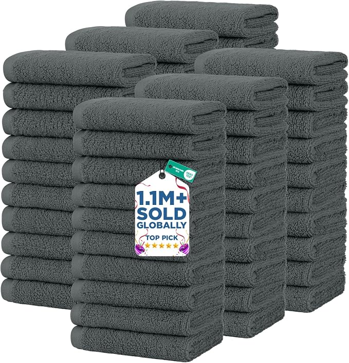 DAN RIVER 60 Pack Wash Cloths for Showering [12x12] - 100% Cotton Washcloths Premium Quality Flannel Face Cloths for Bathroom, Highly Absorbent and Soft Feel Wash Clothes, Grey