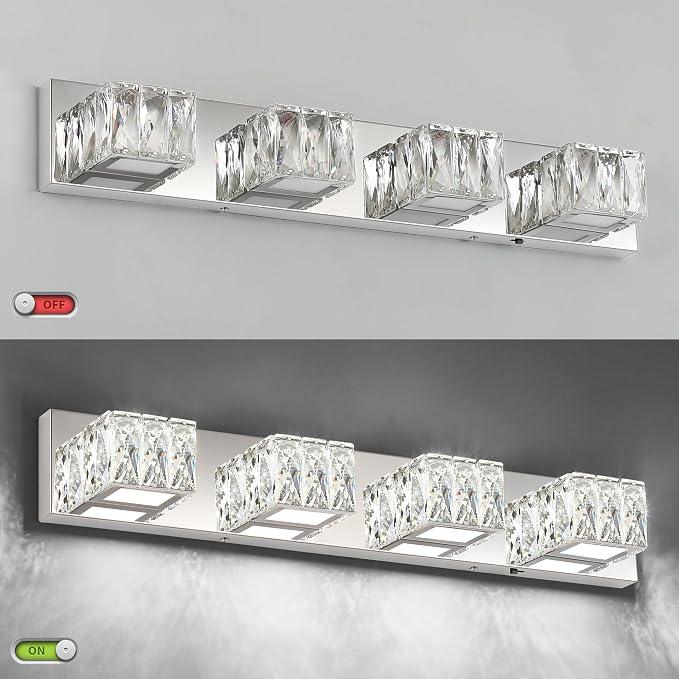 Modern Bathroom Light Fixtures - Crystal 4 Light Bathroom Vanity Light 5CCT Dimmable - LED Chrome Vanity Lighting Fixture