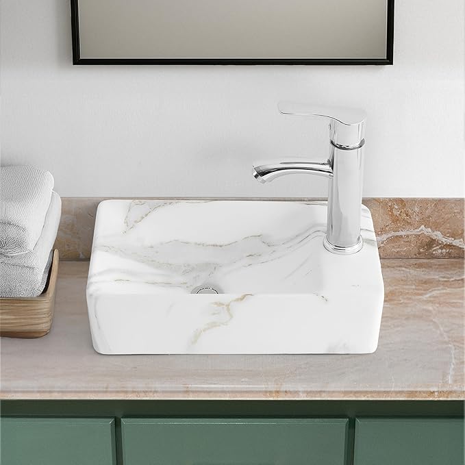 JONATHAN Y SNK1004C-R Felix 15 in. W x 8 in. D Modern Wall Mounted Rectangular Ceramic Mini Sink Basin, Right-Side Faucet, White Marble Effect