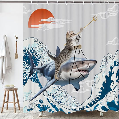 Funny Cute Cat Shower Curtains,Japan Cat Shark with Ocean Sea Wave Shower Curtain for Bathroom,Japanese Cool Fabric Shower Curtain Set with Hooks Bath Decoration 72X72inches