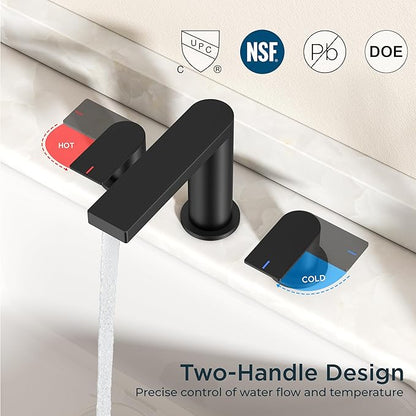 FORIOUS Matte Black Bathroom Faucets 3 Hole, 8 Inch Widespread Bathroom Sink Faucet with Pop-up Drain and Cupc Supply Lines, 2-Handle for Vanity, Hotel Restroom