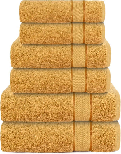 6 Piece Cotton Bath Towel Set - 2 Bath - 2 Hand - 2 Face, Gold | 100% Cotton • Thick & Plush • Hotel Quality • Ultra Soft • Highly Absorbent • Quick Dry • Low Lint • Machine Washable