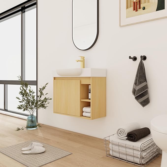 28" Wall-Mounted Bathroom Vanity with Ceramic Sink, 28 inch Floating Single Sink Vanity Cabinet Modern Brown 1-Door Design with Storage Shelf (Space-Saving for Small Bathrooms), Light-Oak