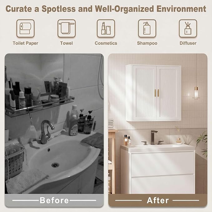 INNOD Bathroom Storage Cabinet, Over The Toilet Storage Cabinet, Medicine Cabinet with Adjustable Wood Shelf & Doors for Laundry Room & Kitchen & Living Room(White)