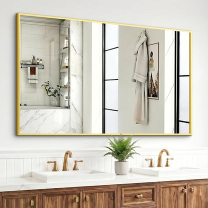 Bathroom Mirror for Wall, 48"x30" Gold Vanity Mirror | Sturdy Rectangular Metal Frame, HD Tempered Glass, Hangs Horizontally or Vertically in Bedroom, Living Room, Entryway