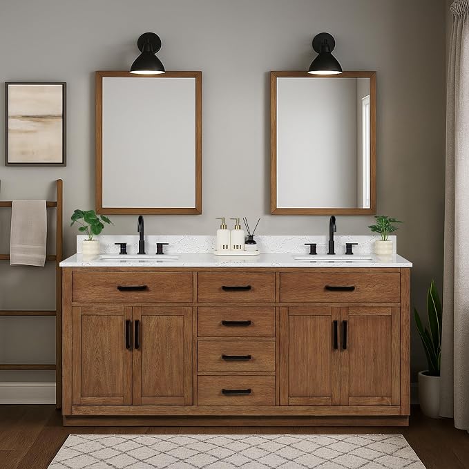 72-inch Dark Walnut Bathroom Vanity with 2 Sinks, Solid Wood, 0.79-inch Stone Countertop and Backsplash, 6 Drawers, 4 Soft Closing Doors