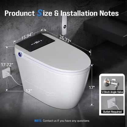 Modern Smart Toilet with Built-In Bidet, Electric Toilet, Auto Open/Close Lid, Heated Seat, Dual Auto Flush & Foot Sensor, Tankless, Warm Water Wash & Dryer, Wireless Remote, 1000g MaP