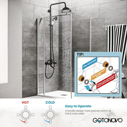 gotonovo Exposed Shower System with Spout,Oil Rubbed Bronze,No Shower Shelf | Brass Shower Faucet Set,8’’ Rain Head with Handheld Spray,Swivel Tub Spout,2 Cross Handle,6’’ Hole Distance,Adjustable Height