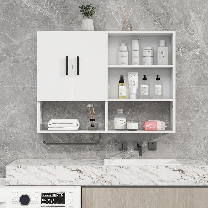 Bathroom Wall Cabinet, Medicine Cabinet with Towel Bar & 2 Doors, White
