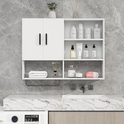 Bathroom Wall Cabinet, Medicine Cabinet with Towel Bar & 2 Doors, White