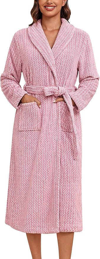 Ekouaer Women's Robe Long Plush Soft Bathrobe Cozy Warm Robes Shawl Collar Sleepwear with Pockets