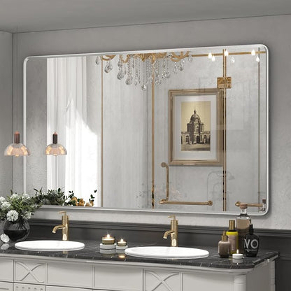 66x40 Inch Silver Framed Mirror | Silver Bathroom Vanity Mirror, Rounded Rectangle Mirror, Shatterproof, Anti-Rust, Silverish Painted (Horizontal/Vertical)