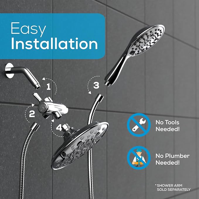 SparkPod Dual Shower Head - 8'' High Pressure 55-Mode Rain Shower Heads with Handheld Spray Combo - Rainfall, Handheld & Dual Mode - Easy Install 3-Way Showerhead with Hose & Holder (Polished Chrome)