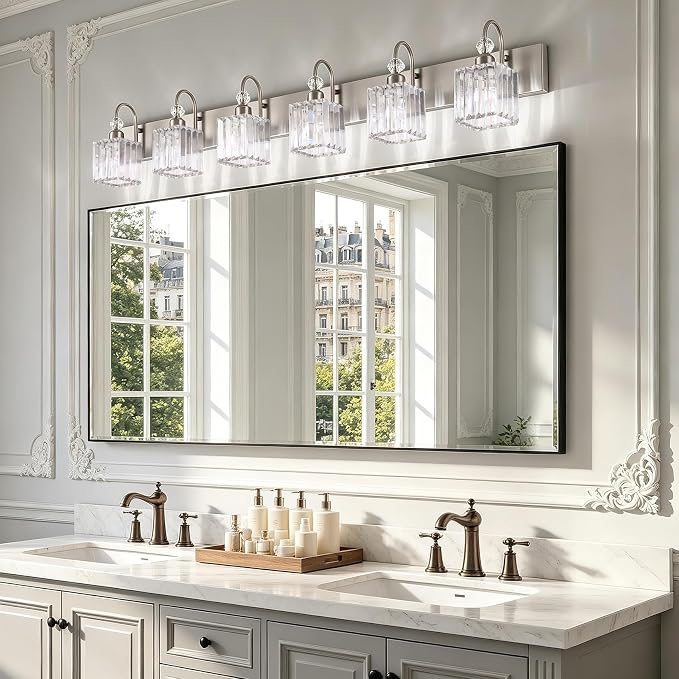 Ralbay Crystal Vanity Light for Bathroom Brushed Nickel Modern 6 Light Bathroom Lighting Fixtures Over Mirror