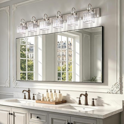 Ralbay Crystal Vanity Light for Bathroom Brushed Nickel Modern 6 Light Bathroom Lighting Fixtures Over Mirror