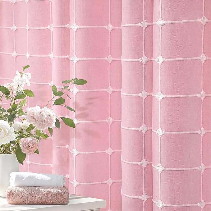 Pink Boho Shower Curtain Cotton Texture with Embroidered Plaid Pattern and Tassels for Bathroom,72" W×84" L