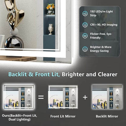 55x30 LED Bathroom Mirror, Backlit & Front Lit Lighted Mirror | Anti-Fog Vanity Mirror with Lights, 3 Color Dimmable, Memory, Shatterproof, Tempered Glass, CRI95, UL Listed, Wall Mounted