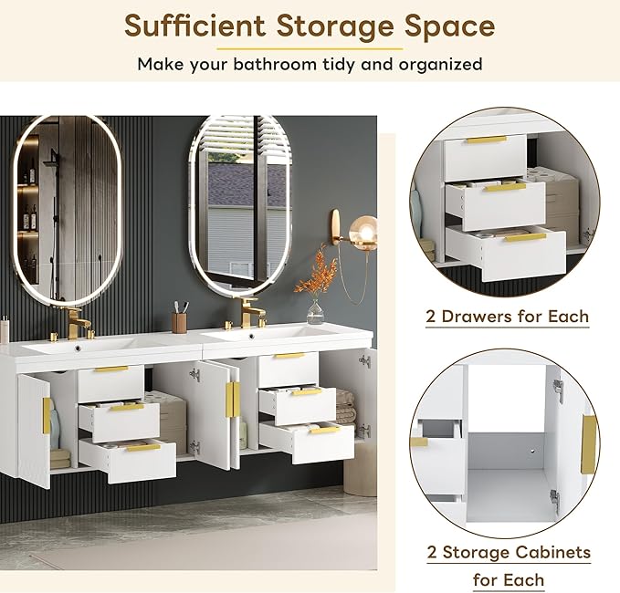 72'' Wall Mounted Bathroom Vanity, Floating Storage Vanity Cabinet with 2 Drawers and Shelves, Solid Wood Bathroom Cabinet, White