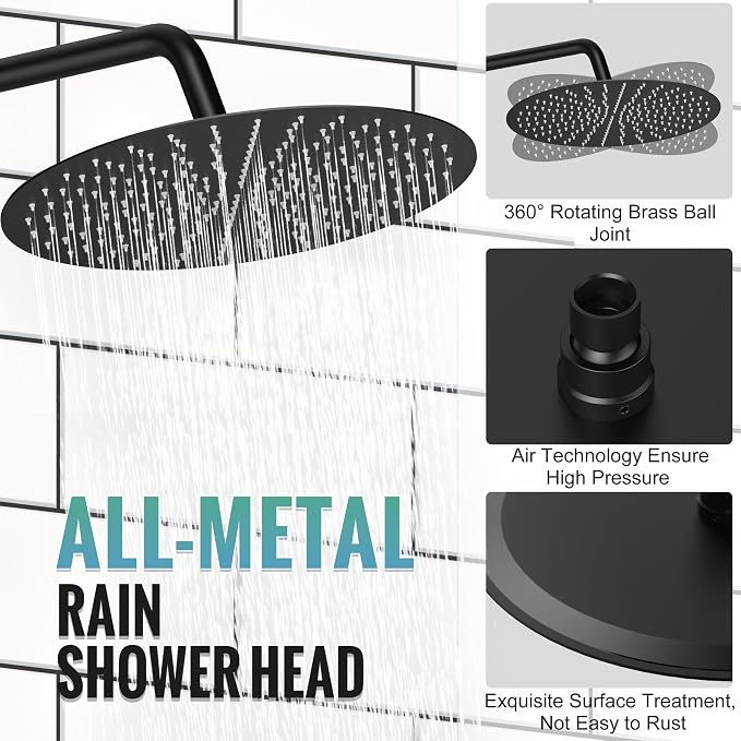 SR SUN RISE 12" Matte Black Rain Shower Faucet Set with Valve & Handheld | Dual-function High Pressure Shower System, 6-Setting Handheld, Pressure-balanced Valve Anti-Scald, Push-button Diverter
