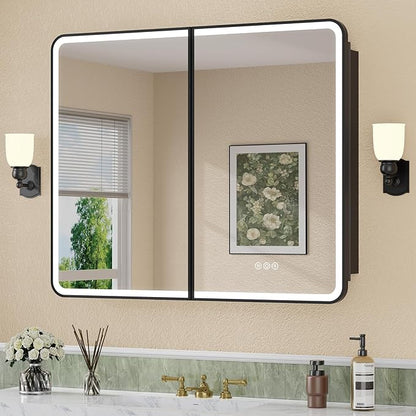 32 x 30 Inch LED Medicine Cabinet with Mirror, UL Certified Dimmable Lighted Bathroom Mirror Cabinet, Anti-Fog & Memory Function, 3 Color Modes, Recessed or Wall Mounted, Adjustable Shelf, Black