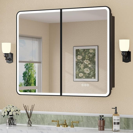 32 x 30 Inch LED Medicine Cabinet with Mirror, UL Certified Dimmable Lighted Bathroom Mirror Cabinet, Anti-Fog & Memory Function, 3 Color Modes, Recessed or Wall Mounted, Adjustable Shelf, Black