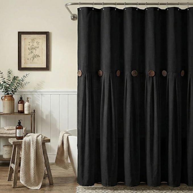 Farmhouse Shower Curtain Linen Button Rustic Black 72" W x 72" L | Farmhouse Style, Chic Button, Striped, Linen Fabric, Rustic, Country, Natural Look, Washable, for Bathroom Bathtub