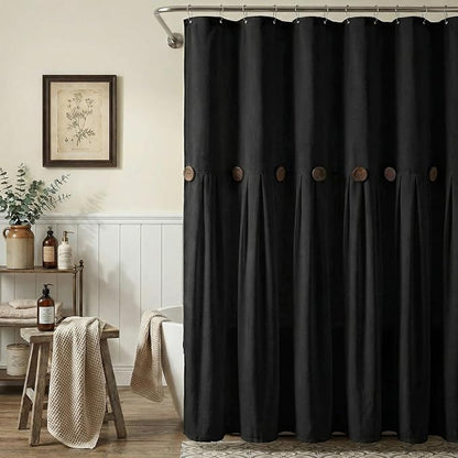 Farmhouse Shower Curtain Linen Button Rustic Black 72" W x 72" L | Farmhouse Style, Chic Button, Striped, Linen Fabric, Rustic, Country, Natural Look, Washable, for Bathroom Bathtub