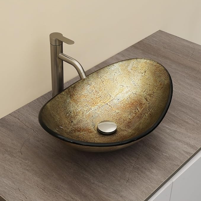Logmey 21" Glass Bathroom Vessel Sink Vanity Countertop Oval Bowl with Chrome Pop up Drain Set,Glass Art Basin,Blood Plasma Silver Foil