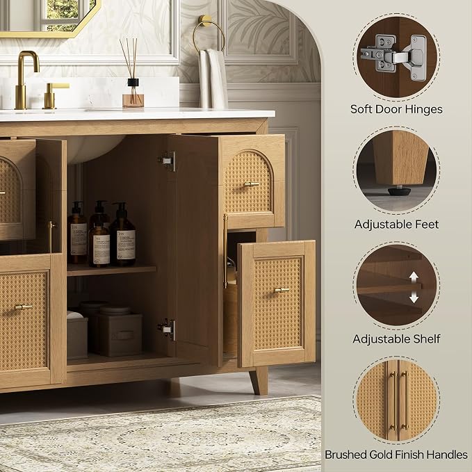 48 Inch Bathroom Vanity with Sink, Fully Assembled, Light Oak | Solid wood frame vanity with rattan details, gold hardware, 4 full-extension soft-close drawers, and adjustable feet