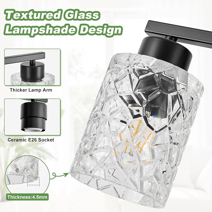 3-Light Bathroom Light Fixtures, Black Vanity Lights Over Mirror | Wall Sconces with Clear Textured Glass Shades for Living Room Bedroom Hallway,E26 Base (Bulbs Not Included)