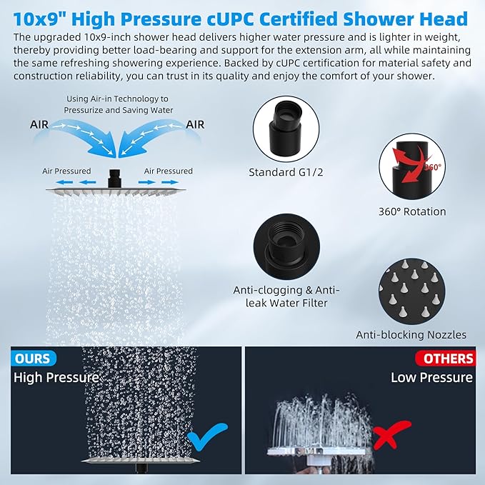 Hibbent All Metal 10'' Rain Shower Head, 16'' Extension Arm, Matte Black | cUPC Certified High Pressure Rainfall Showerhead with Solid Brass Adjustable Shower Head Extension Arm, Fixed Showerheads