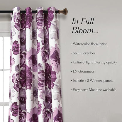 Lush Decor Leah Light Filtering Window Curtain Panels, Pair, 52" W x 95" L, Purple & Gray - Floral Drapes for Bedroom - Purple Curtains -Farmhouse Decor
