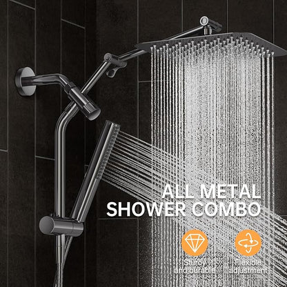 Veken All Metal 10" Luxurious Gray Rain Shower Heads with Handheld Spray | Dual High Pressure Shower Head,Square Detachable Rainfall Showerhead with Extension Arm,Regaderas Para Shower,Ducha Para Baño