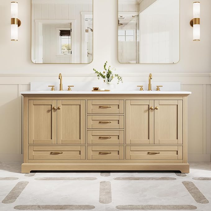WELLFOR 72 Inch Bathroom Vanity with Double Sinks, Solid Wood Bathroom Vanity W/4 Soft-Close Doors and 6 Drawers, Cultured Marble Countertop Bathroom Vanities W/Two Sinks (Oak)