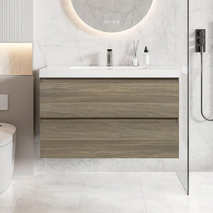36 Inch Floating Bathroom Vanity with Sink, Large Storage Wall Mounted Floating Vanity with Soft Close Drawers, One-Piece Basin Bathroom Sink Cabinet (Ash Grey, 36 Inch)