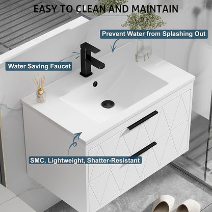 eclife 30" Bathroom Vanities Cabinet with Sink Combo, Wall Mounted Floating Cabinet W/Decor Line, Soft-Close System, 2 Extra Big Drawers, Matte Black Faucet, White