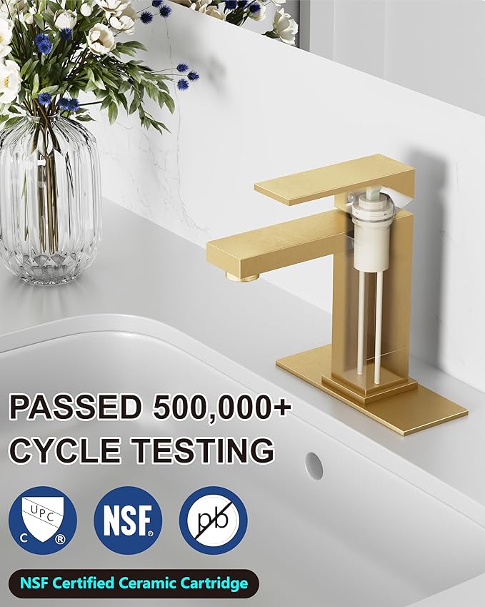 Midanya Bathroom Faucets 1 Hole, Single Handle Stainless Steel Bathroom Sink Faucet, Modern Vanity Faucets with Deck Plate,Water Supply Hoses and Pop Up Drain,Brushed Gold